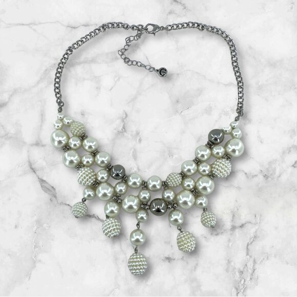 Faux Pearl Bib Style Dangle Beads With Ball Beads Silver Plated Chain necklace b - Picture 6 of 9